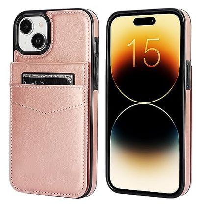 KIHUWEY for iPhone 15 Plus Wallet Case Card Holder Kickstand, Rose Gold | Credit Card Slots, PU Leather, Magnetic Clasp, Flip Heavy Duty Protection Cover for Men and Women - color: Rose Gold