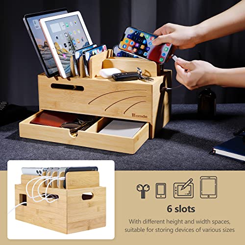 Homde Bamboo Charging Station Organizer: 6 Compartments and Drawer - color: Natural