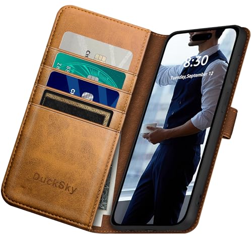DuckSky Compatible with iPhone 17 Pro Max 6.9" Genuine Leather Wallet case【RFID Blocking】【4 Credit Card Holder】【Real Leather】 Flip Phone case Cover Women Men for Apple 17 Pro Max case Khaki - color: Khaki