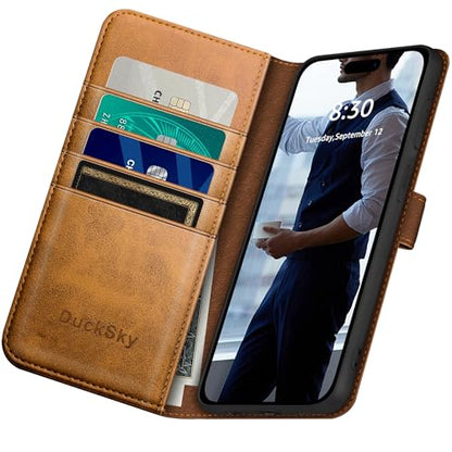 DuckSky Compatible with iPhone 17 Pro Max 6.9" Genuine Leather Wallet case【RFID Blocking】【4 Credit Card Holder】【Real Leather】 Flip Phone case Cover Women Men for Apple 17 Pro Max case Khaki - color: Khaki