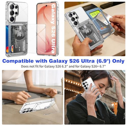 for Samsung S26 Ultra Wallet Case 4 Credit Card ID Holder Clear Flip | Cover for Galaxy S26 Ultra Kickstand Card Holder Slot for Men Women Shockproof Dual Layer TPU Hard Shell Protective Bumper - size: for Galaxy S26 Ultra, 6.9“