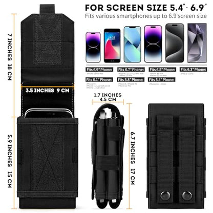 Dual Tactical Phone Pouch Molle Phone Holster Double Capacity Holder Universal Utility EDC Pouch for iPhone 17 Pro Max/17 Pro/16 Pro Max/16 Pro/15 Pro Max/15 - color: Black