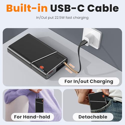 Aaoyun Portable Charger Power Bank, 20000mAh 22.5W PD Super Fast Charging Powerbank with Built-in USB C in&Out Cable, External Phone Battery Pack for iPhone 17/16/15 iPad Samsung S24 Android etc