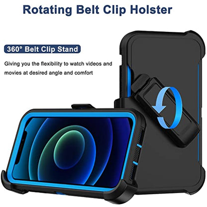 for iPhone 12 Case, iPhone 12 Pro Case with Belt Clip Holster, 2X Screen Protector, Heavy Duty Military Grade Full Body Shockproof Rugged Protective Cover for iPhone 12/12 Pro (Black Blue) - color: Black Blue