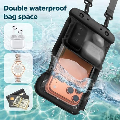 CACOE Waterproof Phone Pouch 2 Pack Up to 8.8", Double Bag, Black+Black | IPX8 Waterproof Phone Case,Adjustable Lanyard,Dry Bags for Beach/Cruise/Travel/Camping/Kayak/Hiking/Lake/Vacation Essentials - color: Black+Black