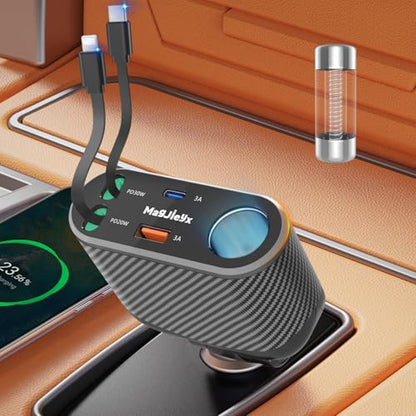 MAGJIEYX Car Cigarette Lighter Splitter Charger, Fast Car Phone Charger with 1-Socket(100W) Charging Adapter and USB C Coiled Cable for iPhone 17 16 15, Galaxy S25 Ultra/iPad/GPS/Dash Cam/Laptop