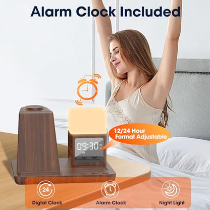 Wireless Charger for Samsung/Android, 6 in 1 Phone Nightstand Charging Station Charger with Alarm Clock/Night Light for Samsung S26/S25/S24 Ultra/Buds4,Watch Charger for Galaxy Watch 8/7/6/5 - color: Wood Brown