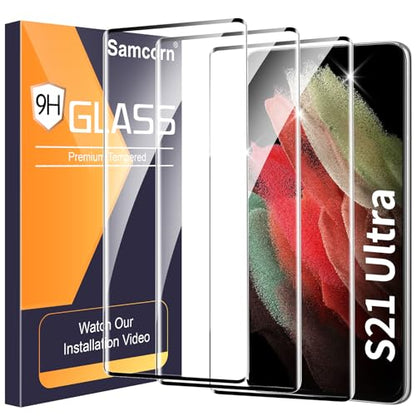 3 Pack Galaxy S21 Ultra Screen Protector, HD Clear Tempered Glass, Fingerprint Unlock, 3D Curved, Scratch Resistant, No Bubble for Samsung Galaxy S21 Ultra 5G Glass Screen Protector