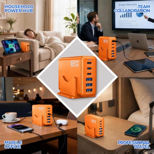 165W GaN Charging Station, 6-Port Desk Charging Station, Orange - color: Orange