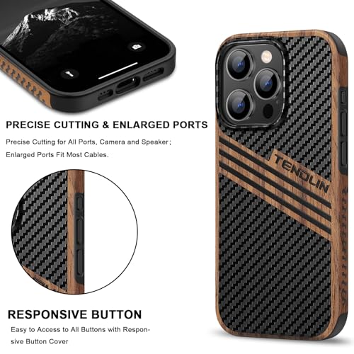 TENDLIN Magnetic Case Compatible with iPhone 16 Pro Phone Case Wood Grain with Carbon Fiber Texture Design Leather Hybrid Slim Cover (Compatible with MagSafe) Three Stripe - color: Magnetic Three Stripe, size: iPhone 16 Pro
