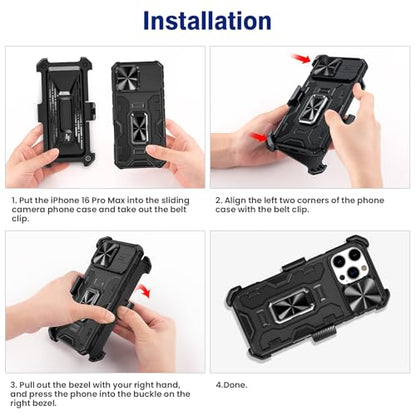VEGO for iPhone 16 Pro Max Case with Belt Clip Holster and Kickstand Black | Slide Camera Lens Protector & Ring Kickstand Military Grade Heavy Duty Protection Cover for iPhone 16 ProMax - Black - color: Black