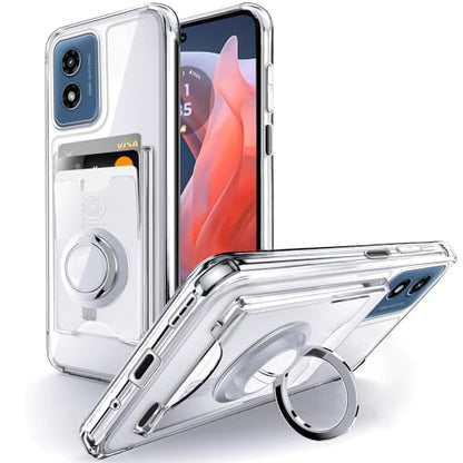 Shields Up for Moto G Play 2024 Case, Wallet Case with Card Holder, Clear | Minimalist Wallet Case, 3 Card Slots, 360° Rotation Ring Stand/Kickstand, Drop Protection Protective Cover - size: Moto G Play 2024