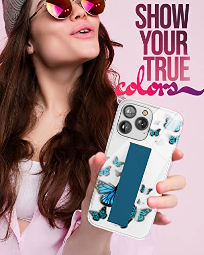 ENCASED Finger Loop Case Designed for iPhone 14 Pro Max Case for Women with Hand Strap (Screen Protector Included) - Blue Butterfly - color: Blue Butterfly
