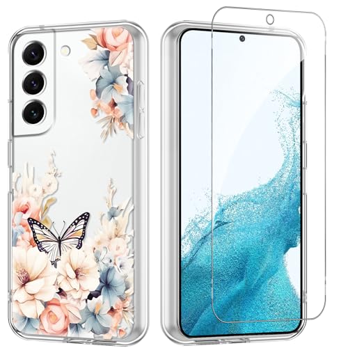 Flower Phone Case Floral for Samsung Galaxy S22 5G 6.1'' with Screen Protector, Clear Transparent Phone Cover Slim Soft Shockproof Anti-Scratch Drop Protection Funda for Girls Women - color: Yellow Peony, size: Samsung Galaxy S22 5G