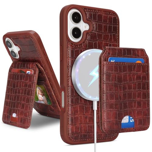 Ｈａｖａｙａ Leather Wallet Case for iPhone 16 - Espresso Brown | Crocodile-textured leather, detachable wallet, 5-card slots & kickstand, MagSafe 15W fast charge, raised bezels - color: Espresso Brown