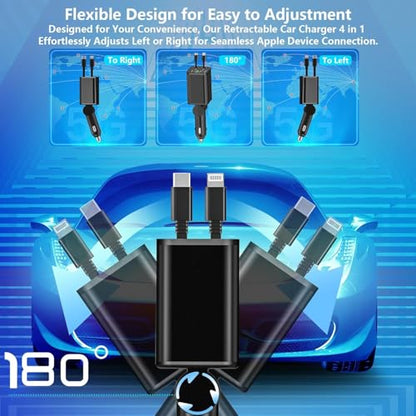 Retractable Car Charger, 120W USB-C & Lightning Cable Fast Charge