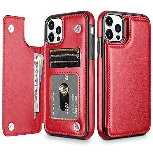 HianDier Wallet Case Compatible with iPhone 12 Pro MAX Case 5G 6.7-inch Slim Protective with Credit Card Slot Holder Flip Folio Soft PU Leather Magnetic Closure Cover, Red - color: Red