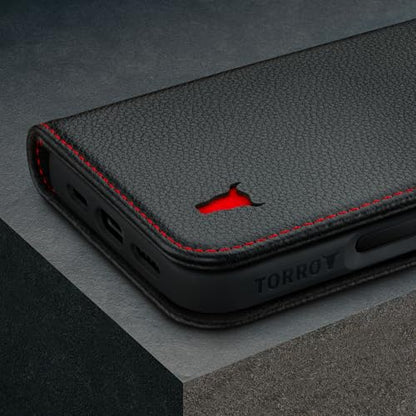 TORRO Premium Leather Case Compatible with iPhone 16 Pro 6.3" – Genuine Leather Wallet Flip Folio Case with Kickstand and Card Slots (Compatible with Official MagSafe Chargers) - Black - color: Black with Red Detail