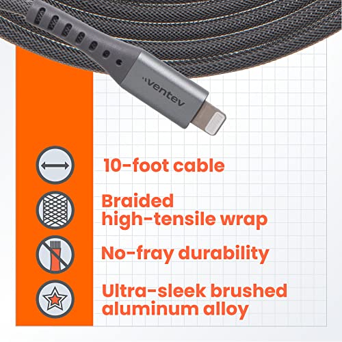 Ventev USB A to Apple Lightning High-Speed Ultra Durable Alloy Cable for iPhone 1-14, AirPods, iPads and More Devices (10 Foot, Gray) - size: 10 feet