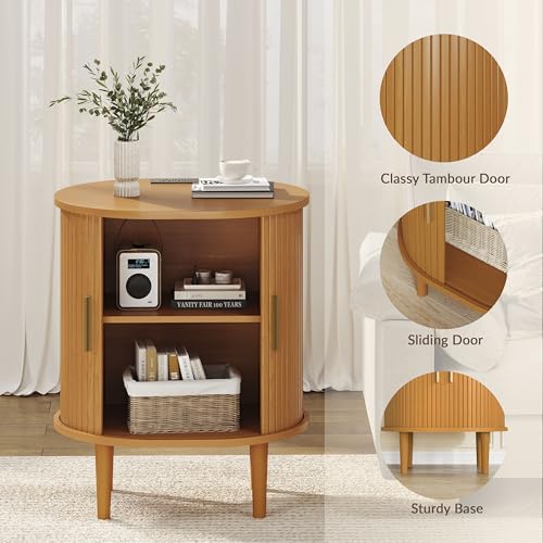 DHH Mid Century Modern Nightstand with Charging Station, Fluted Accent Side Table with Sliding Door & Adjustable Shelf, End Table for Small Space, Living Room, Bedroom,Sofa Couch(1, Yellow) - color: Yellow Walnut