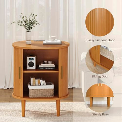DHH Mid Century Modern Nightstand with Charging Station, Fluted Accent Side Table with Sliding Door & Adjustable Shelf, End Table for Small Space, Living Room, Bedroom,Sofa Couch(1, Yellow) - color: Yellow Walnut