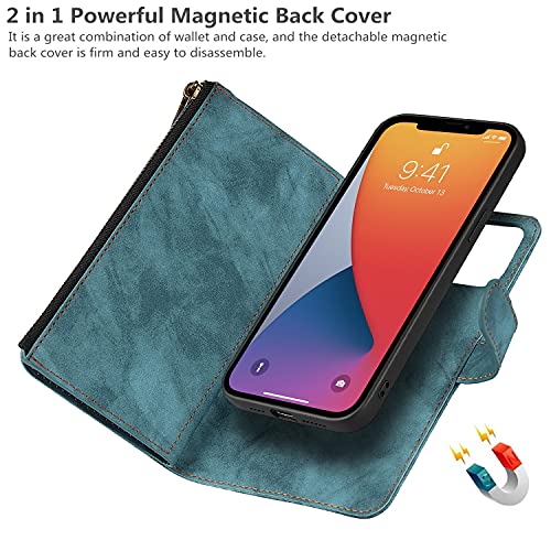 iCoverCase Compatible with iPhone 13 Wallet Phone Case with Card Holder, PU Leather Zipper Pocket Magnetic Detachable Flip Case with Wrist Strap (Blue) - color: Detachable--Blue