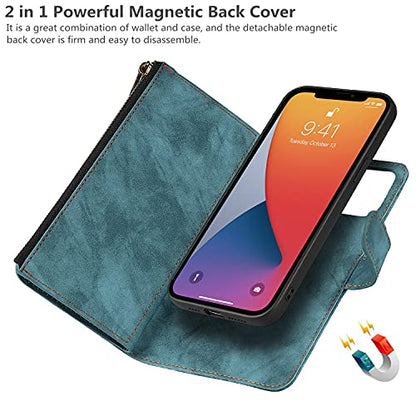 iCoverCase Compatible with iPhone 13 Wallet Phone Case with Card Holder, PU Leather Zipper Pocket Magnetic Detachable Flip Case with Wrist Strap (Blue) - color: Detachable--Blue