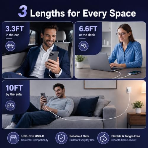 LOFPYE 3-Pack 60W USB C to USB C Cable 3.3FT+6.6FT+10FT for iPhone 17/16/15 - color: White, size: 10FT+6.6FT+3.3FT
