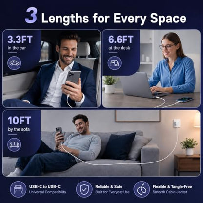 LOFPYE 3-Pack 60W USB C to USB C Cable 3.3FT+6.6FT+10FT for iPhone 17/16/15 - color: White, size: 10FT+6.6FT+3.3FT