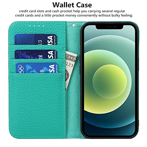 iCoverCase Compatible with iPhone 13 Wallet Case with Credit Card Holder and Wrist Strap, RFID Blocking Genuine Leather Flip Magnetic Phone Cover 6.1 Inch (Blue-Green) - color: 1-Blue-Green (No Headphone Storage Belt), size: iPhone 13