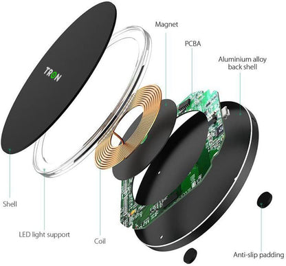 TRON Wireless Charger, TR2 Model, Fast Charging Pad, Black, Compatible with Smartphones, Universal Charging for Mobile Devices