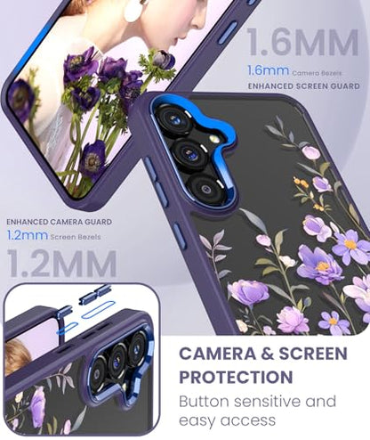 Clear Flower Pattern Case for Samsung Galaxy S26 FE-Deep Purple | Girl Women Slim Soft TPU + Hard PC Military Grade Protective Phone Cover WithTempered Glass Screen Protector for S26 FE - color: S26 FE-Deep Purple