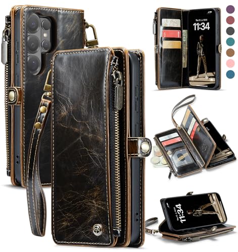 Defencase for Samsung Galaxy S26 Ultra Wallet Case with Card Holder, Coffee | with RFID Blocking Zipper Pocket, Durable PU Leather, Wrist Strap, S26 Ultra Flip Phone Cases Cover with Stand for Women Men - color: Coffee