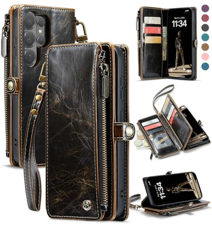Defencase for Samsung Galaxy S26 Ultra Wallet Case with Card Holder, Coffee | with RFID Blocking Zipper Pocket, Durable PU Leather, Wrist Strap, S26 Ultra Flip Phone Cases Cover with Stand for Women Men - color: Coffee