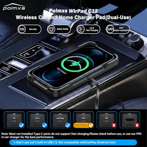 Wireless Charger Car Charging pad,Polmxs 15W Fast Wireless Phone Charger Cell Phone Cordless Charging mat Compatible with iPhone 11/12/12/14/15 Galaxy S21/S22/S23/24 (C12Y)