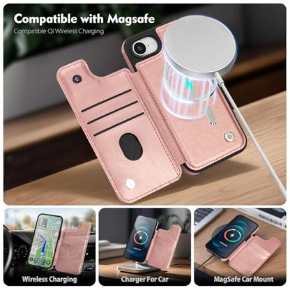 SkyEagle Compatible with MagSafe iPhone 17e / 16e Case Wallet,Rose Gold | Magnetic Clasp,RFID Blocking,PU Leather,Flip Folio Shockproof Phone Cover,with Credit Card Slots & Kickstand for Men & Women - color: Rose Gold