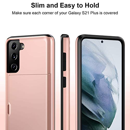 Jiunai for Samsung Galaxy S21 Case Wallet Credit Card Cash Holder Rose Gold | Slide Cover Dual Layer Hybrid Protective Hard PC Soft TPU Rubber Cover Phone Case for Samsung Galaxy S21 5G 6.2'' Women Men - color: Rose Gold