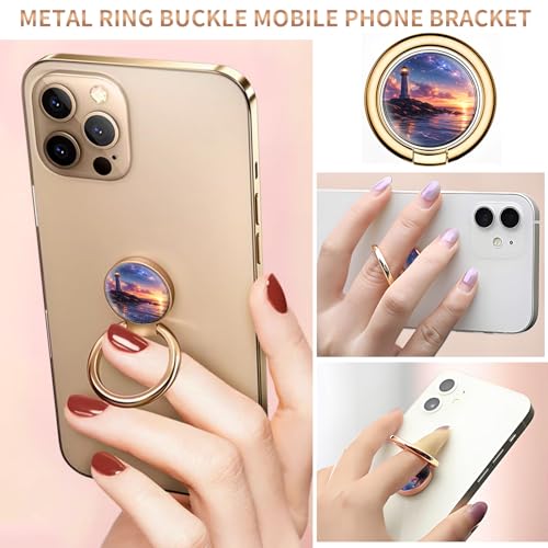 Cell Phone Ring Holder, Cute Metal Phone Grip Stand Finger Ring Kickstand, Flexible 360°Rotation Phone Tablet Case Accessories Compatible with Most Phones Lighthouse Ocean Sunset - color: Lighthouse Ocean Sunset