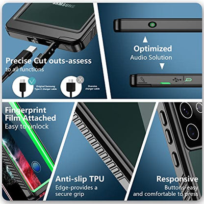 SPIDERCASE Designed for Samsung Galaxy S22 Ultra Case 6.8", Green/Clear | [IP68 Waterproof] [Built-in Screen Protector] Full Sealed Protection Heavy Duty Shockproof Case - color: Green
