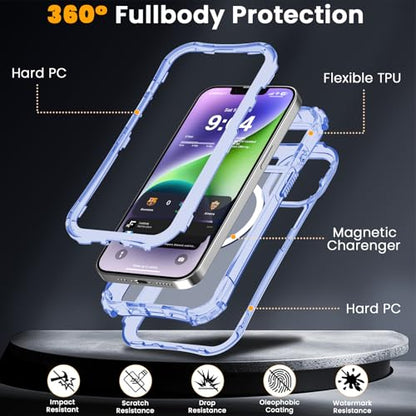 WRJ Magnetic Clear for iPhone 13 Case,iPhone 14 Case,[Compatible with MagSafe][Military Grade Drop Protection] Transparent Full Body Shockproof Protective Phone Case-Ultramarine - color: Ultramarine, style: Transparent