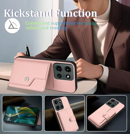 for Moto G Power 5G 2025 Back RFID Wallet Case, Rose Gold | PU leather, TPU interior, 5 card slots, cash/photo pocket, magnetic clasp, kickstand, 2-layer shockproof, scratch resistant - color: Rose Gold