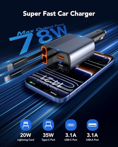 Retractable Car Charger, 78W Fast Charging Cigarette Lighter Adapter