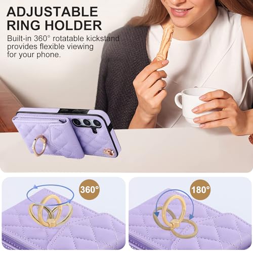 Asuwish Phone Case for Samsung Galaxy S24 5G Wallet Cover with Tempered Glass Screen Protector and Crossbody Wrist Strap Ring Stand RFID Blocking Credit Card Holder Cell S 24 24S G5 Women Girls Purple - color: Purple