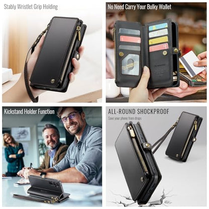 Defencase for Samsung Galaxy S26 Wallet Case with RFID Card Holder, Black | Durable Soft PU Leather, with Zipper Pocket, Wrist Strap, Fashion Snap Flip S26 Phone Cases Cover with Stand for Women Men - color: Black