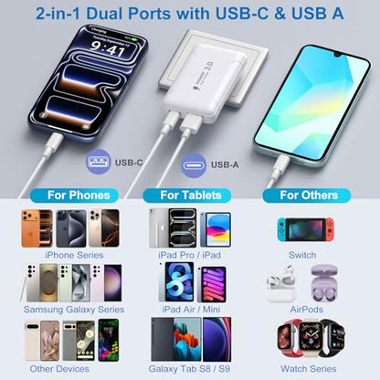 Slim Flat USB C Wall Charger, Costyle 2 Pack 50W USB A & USB C Charger Block Quick Fast Charge 3.0 Charging Block Brick with Foldable Plug Adapter for iPhone 17 16 15 14 13 12 Pro Max Pad Air(White) - color: White
