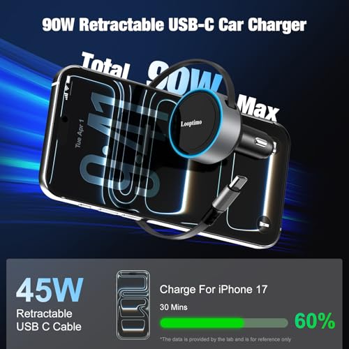 90W USB C Retractable Car Charger Built-in Type-C Cable for iPhone Android