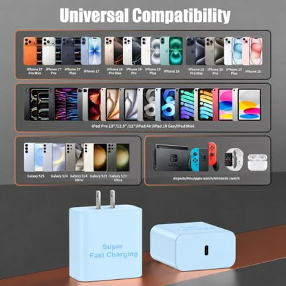 Fast Charger for iPhone 17 Pro Max, Super Fast USB C (6+6+10) FT Cables - color: Blue