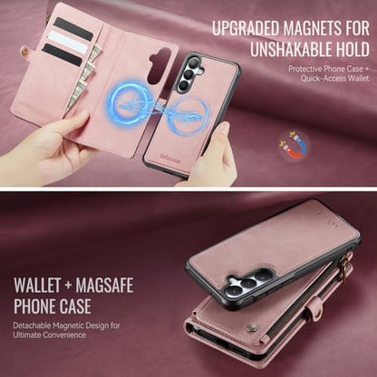 Defencase for Galaxy S26 Case Wallet Compatible with Magsafe 6.3", Rosepink | Magnetic Detachable, with RFID Bolcking Card Holder, Zipper Strap, PU Leather Drop-Proof Phone Cover for Samsung Galaxy S26 - color: (Detachable with Magsafe)-Pink