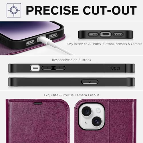 TUCCH Wallet Case for iPhone 14 (6.1") 2022, Flip Stand, Plum Purple | RFID Blocking, 4 Card Holders, Kickstand, PU Leather, Shockproof TPU Shell, Magnetic Closure, Protective Folio Cover - color: Plum Purple