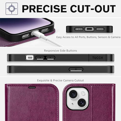 TUCCH Wallet Case for iPhone 14 (6.1") 2022, Flip Stand, Plum Purple | RFID Blocking, 4 Card Holders, Kickstand, PU Leather, Shockproof TPU Shell, Magnetic Closure, Protective Folio Cover - color: Plum Purple